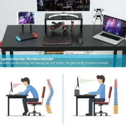 140cm Schreibtisch mit Monitorablage Computertisch Gaming Tisch mit Getränkehalter Kopfhörerhaken Schwarz