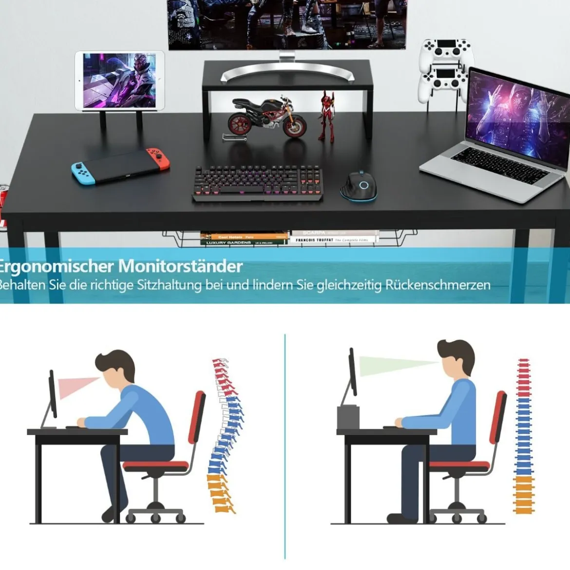 140cm Schreibtisch mit Monitorablage Computertisch Gaming Tisch mit Getränkehalter Kopfhörerhaken Schwarz