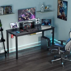 140cm Schreibtisch mit Monitorablage Computertisch Gaming Tisch mit Getränkehalter Kopfhörerhaken Schwarz