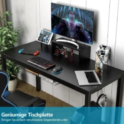 140cm Schreibtisch mit Monitorablage Computertisch Gaming Tisch mit Getränkehalter Kopfhörerhaken Schwarz