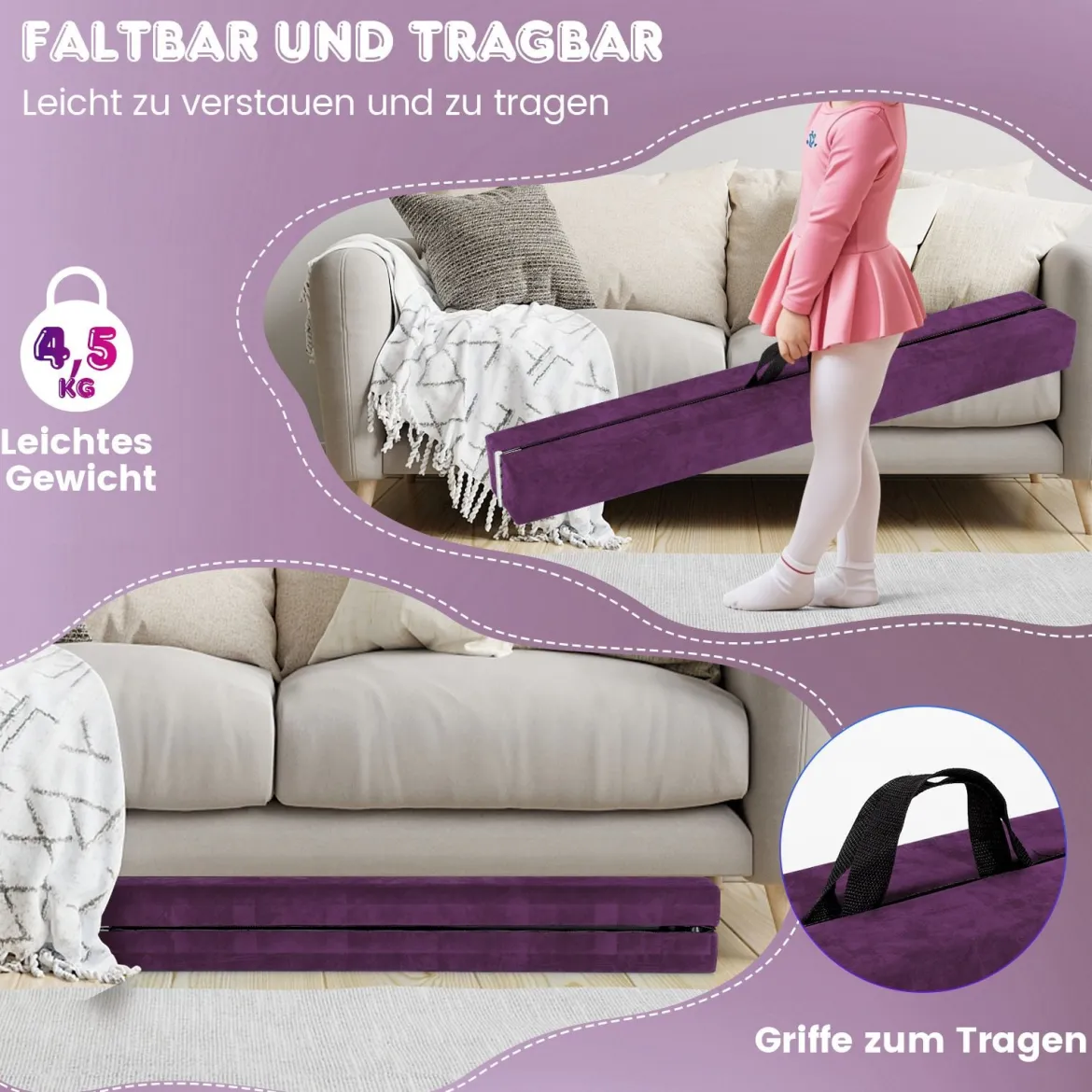 240cm Schwebebalken Kinder Balancierbalken klappbar Gymnastikbalken mit Tragegriff & rutschfestem Boden Lila