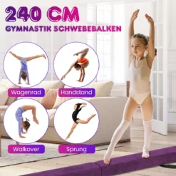 240cm Schwebebalken Kinder Balancierbalken klappbar Gymnastikbalken mit Tragegriff & rutschfestem Boden Lila