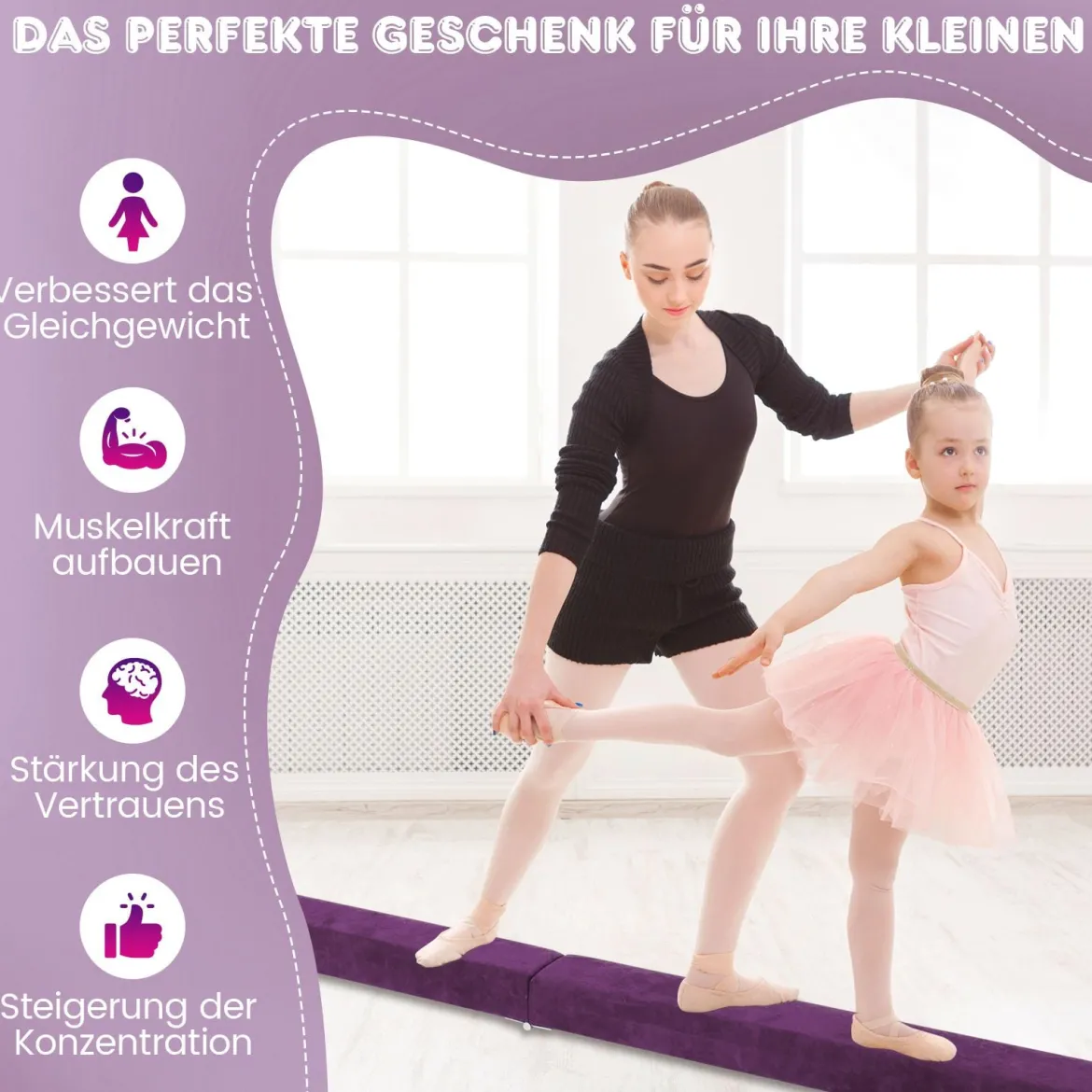 240cm Schwebebalken Kinder Balancierbalken klappbar Gymnastikbalken mit Tragegriff & rutschfestem Boden Lila