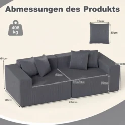 204 cm 2 sitzer Sofa Boneless Couch mit tiefem Sitz & Rückenlehne bequemen Armlehnen Grau
