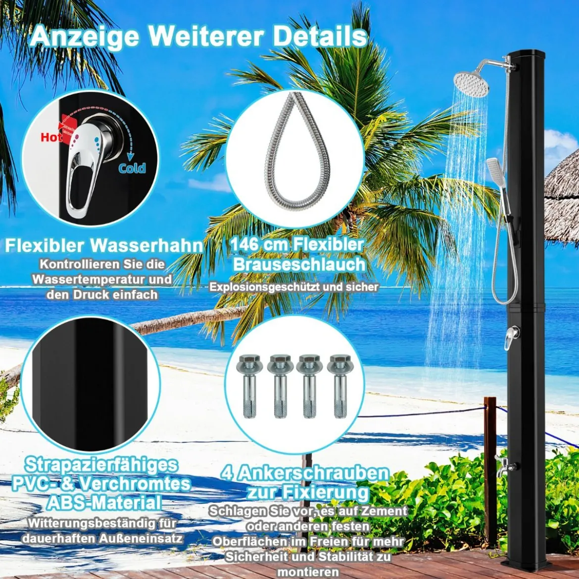 217 cm Solarbeheizte Außendusche Dusche mit 2 Sektionen Schwarz