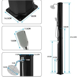 217 cm Solarbeheizte Außendusche Dusche mit 2 Sektionen Schwarz