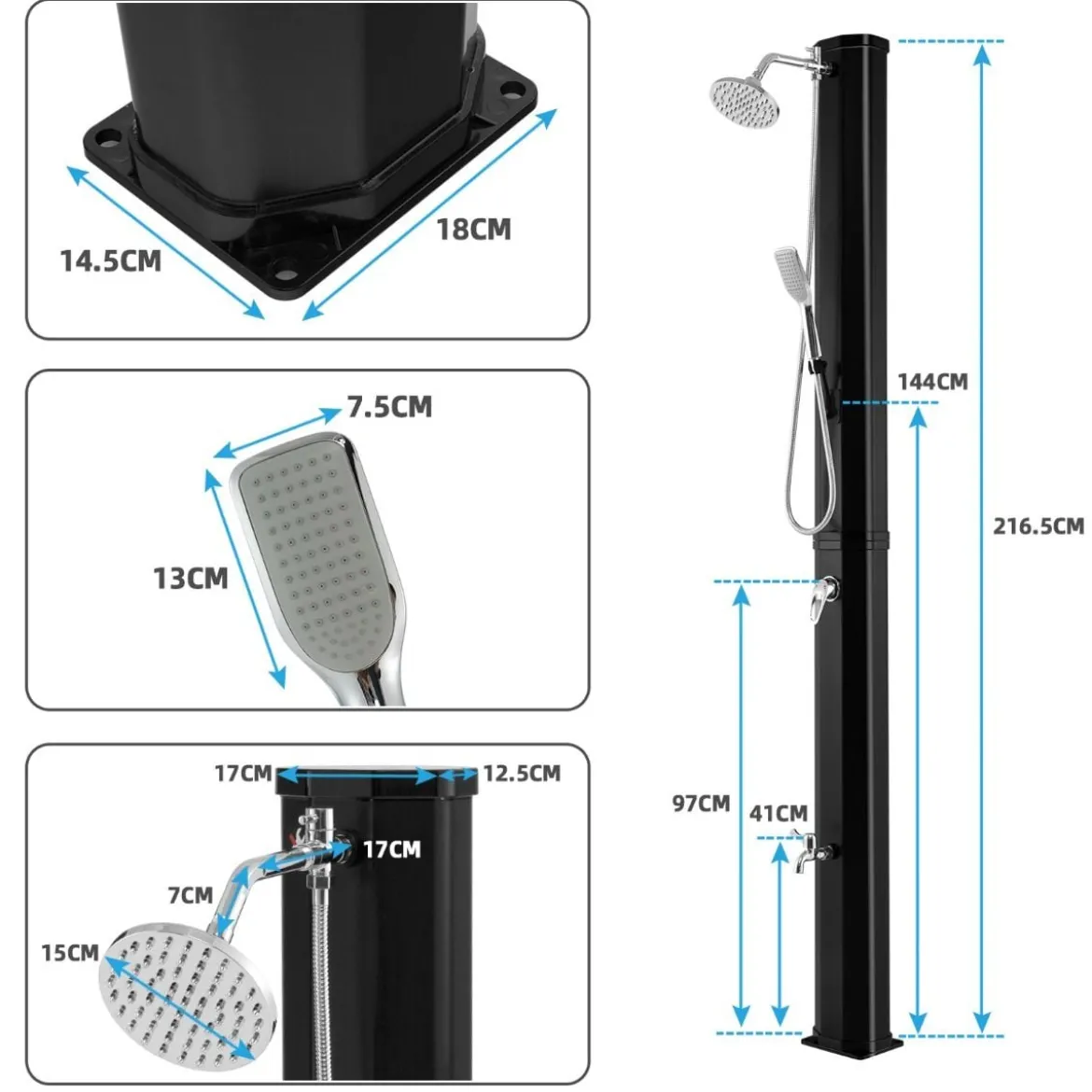 217 cm Solarbeheizte Außendusche Dusche mit 2 Sektionen Schwarz