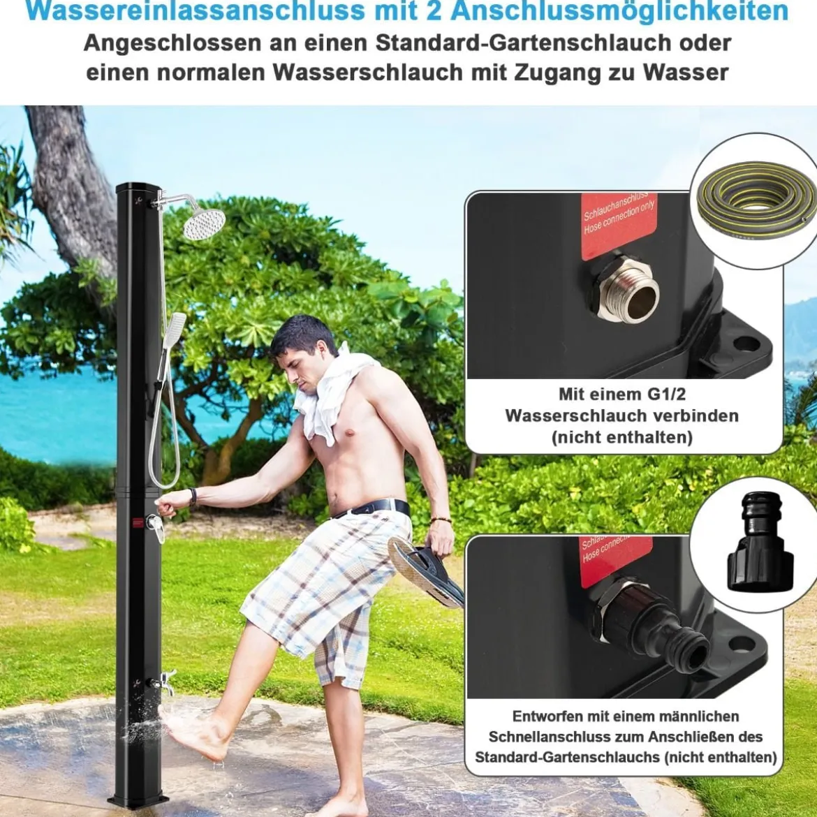217 cm Solarbeheizte Außendusche Dusche mit 2 Sektionen Schwarz