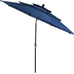 300 cm Sonnenschirm aus Aluminium mit 3-stufigem Dach Automatisch Neigbarer Standschirm Navy