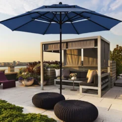 300 cm Sonnenschirm aus Aluminium mit 3-stufigem Dach Automatisch Neigbarer Standschirm Navy