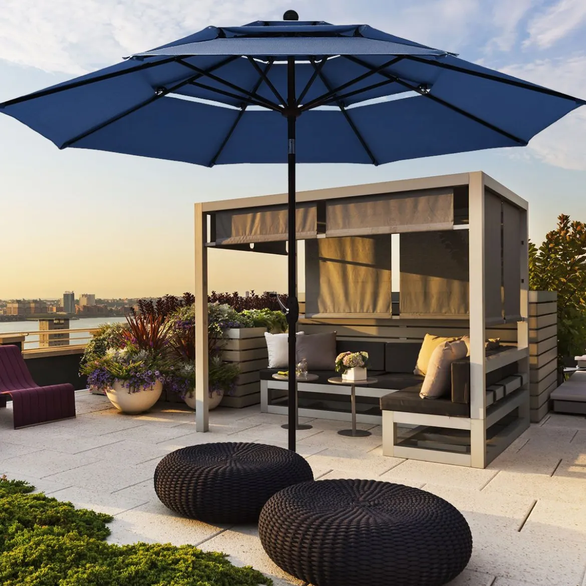 300 cm Sonnenschirm aus Aluminium mit 3-stufigem Dach Automatisch Neigbarer Standschirm Navy