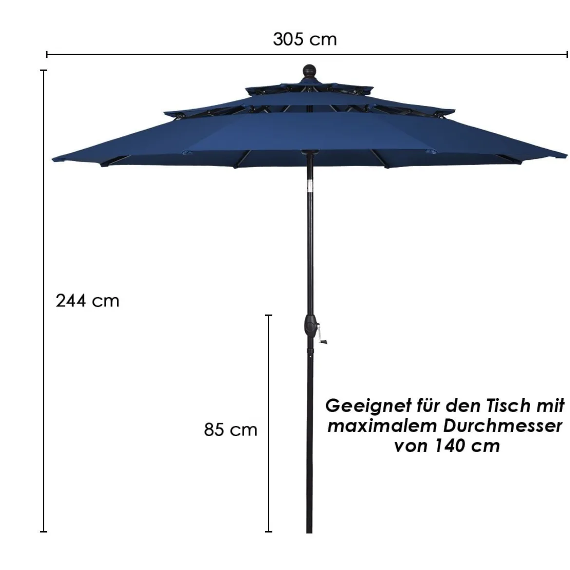 300 cm Sonnenschirm aus Aluminium mit 3-stufigem Dach Automatisch Neigbarer Standschirm Navy