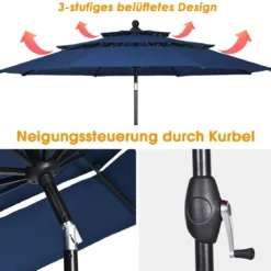 300 cm Sonnenschirm aus Aluminium mit 3-stufigem Dach Automatisch Neigbarer Standschirm Navy
