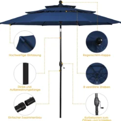 300 cm Sonnenschirm aus Aluminium mit 3-stufigem Dach Automatisch Neigbarer Standschirm Navy