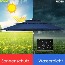 300 cm Sonnenschirm aus Aluminium mit 3-stufigem Dach Automatisch Neigbarer Standschirm Navy