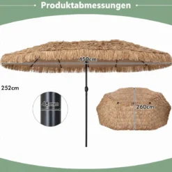 450 cm Sonnenschirm Hawaii Strohschirm mit Kurbel & 12 Metallrippen Gartenschirm mit Sonnenschutz Braun