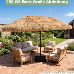 450 cm Sonnenschirm Hawaii Strohschirm mit Kurbel & 12 Metallrippen Gartenschirm mit Sonnenschutz Braun