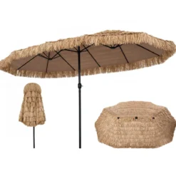 450 cm Sonnenschirm Hawaii Strohschirm mit Kurbel & 12 Metallrippen Gartenschirm mit Sonnenschutz Braun