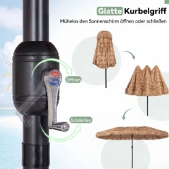 450 cm Sonnenschirm Hawaii Strohschirm mit Kurbel & 12 Metallrippen Gartenschirm mit Sonnenschutz Braun