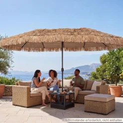 450 cm Sonnenschirm Hawaii Strohschirm mit Kurbel & 12 Metallrippen Gartenschirm mit Sonnenschutz Braun