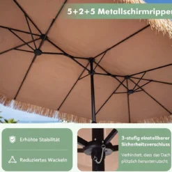 450 cm Sonnenschirm Hawaii Strohschirm mit Kurbel & 12 Metallrippen Gartenschirm mit Sonnenschutz Braun