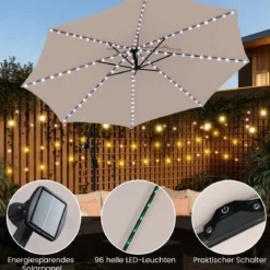 300 cm Sonnenschirm mit LED-Beleuchtung 9 Modi Ampelschirm mit Sandsäcken & Kurbel Neigungswinkel verstellbar Beige