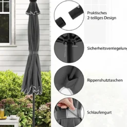300 cm Sonnenschirm mit LED-Beleuchtung Gartenschirm mit Kurbel und Volant beidseitig um 35° knickbar Grau