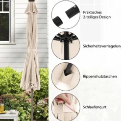 300 cm Sonnenschirm mit LED-Beleuchtung & Kurbel & Volant Gartenschirm Marktschirm Braun/Grau/Rot/Beige