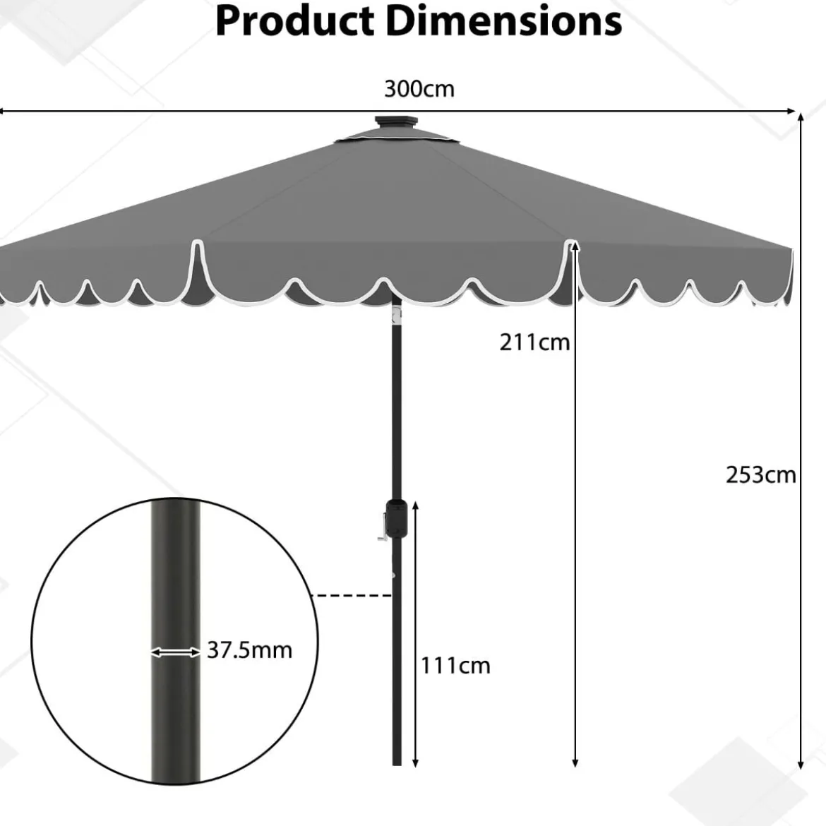 300 cm Sonnenschirm mit LED-Beleuchtung & Kurbel & Volant Gartenschirm Marktschirm Braun/Grau/Rot/Beige
