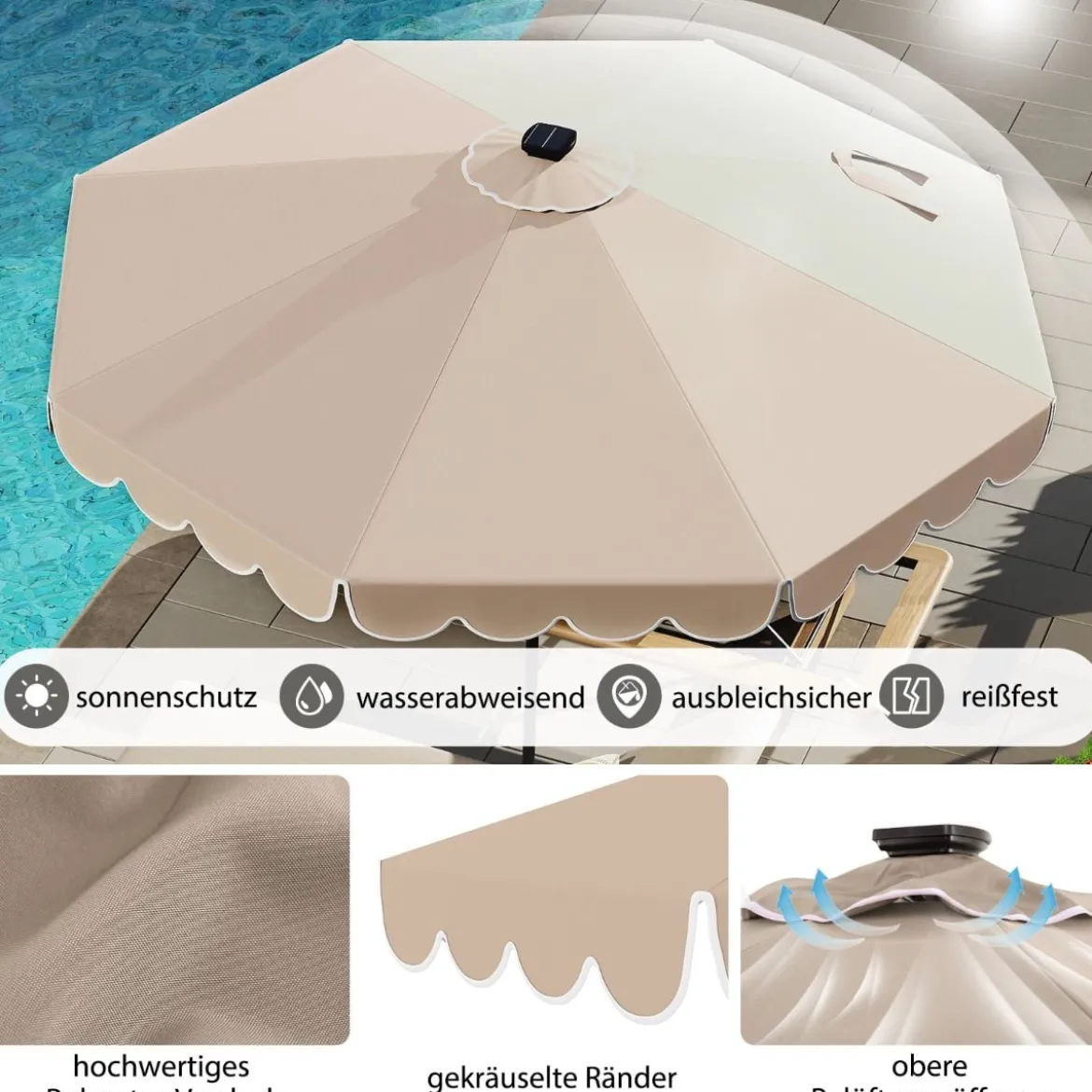 300 cm Sonnenschirm mit LED-Beleuchtung & Kurbel & Volant Gartenschirm Marktschirm Braun/Grau/Rot/Beige