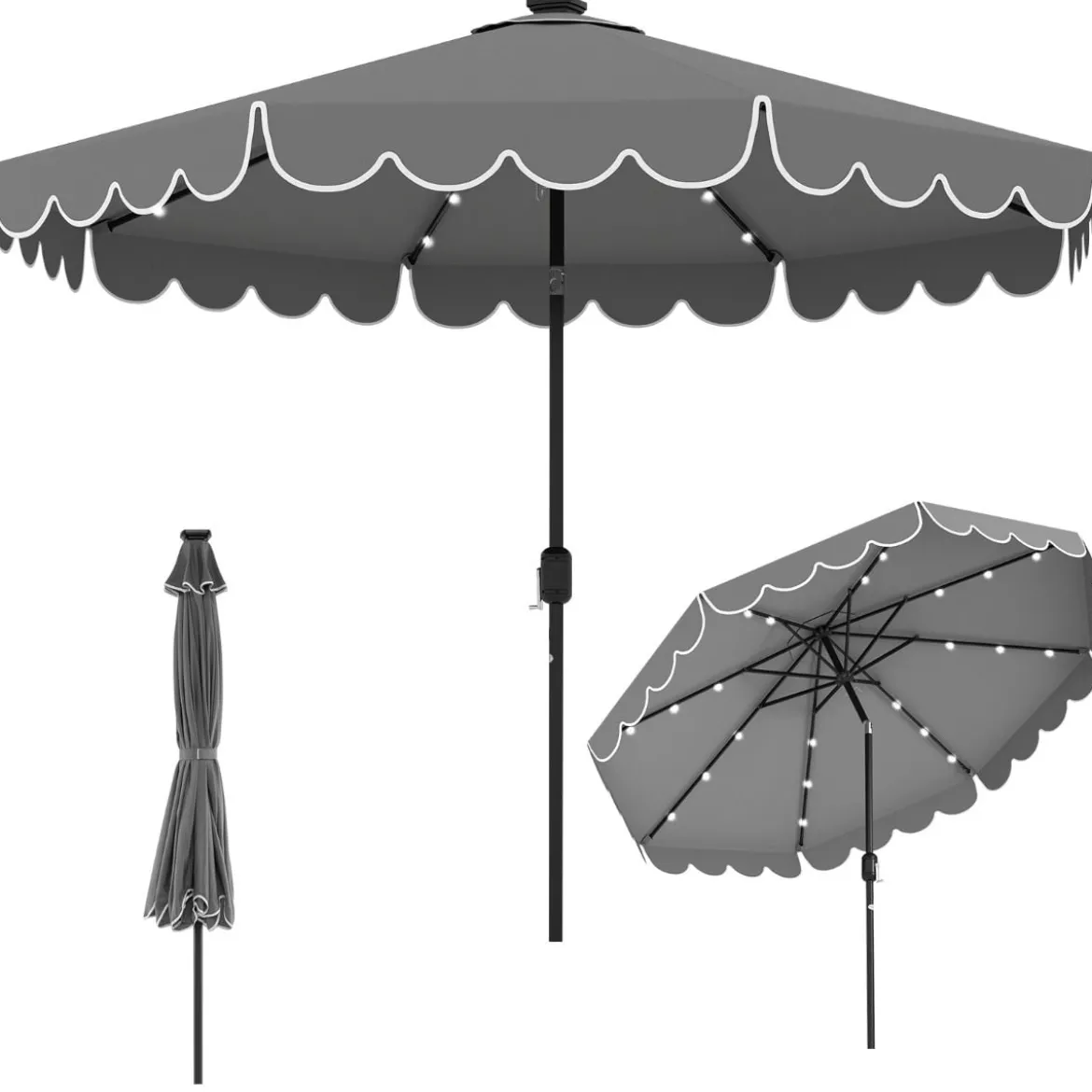 300 cm Sonnenschirm mit LED-Beleuchtung & Kurbel & Volant Gartenschirm Marktschirm Braun/Grau/Rot/Beige