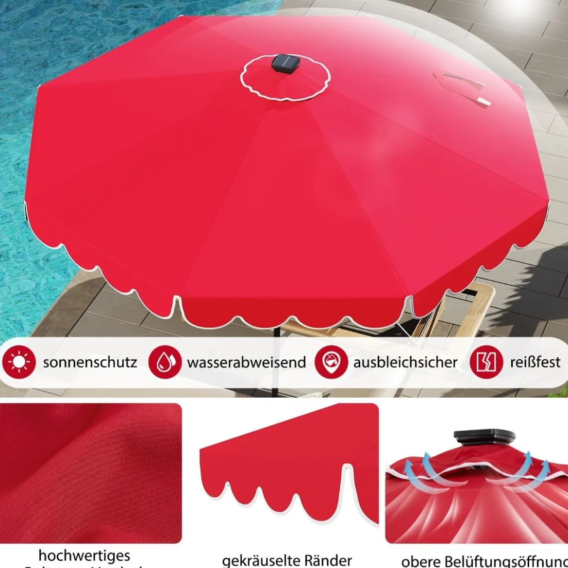 300 cm Sonnenschirm mit LED-Beleuchtung & Kurbel & Volant Gartenschirm Marktschirm Braun/Grau/Rot/Beige