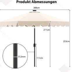 300 cm Sonnenschirm mit LED-Beleuchtung & Kurbel & Volant Gartenschirm Marktschirm Braun/Grau/Rot/Beige