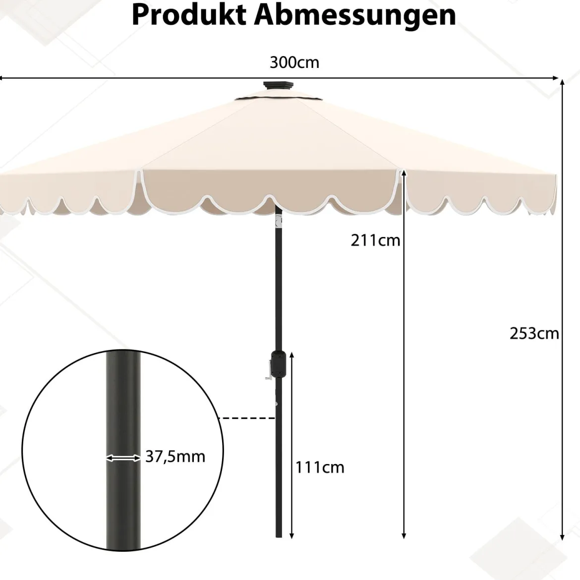 300 cm Sonnenschirm mit LED-Beleuchtung & Kurbel & Volant Gartenschirm Marktschirm Braun/Grau/Rot/Beige