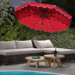 300 cm Sonnenschirm mit LED-Beleuchtung & Kurbel & Volant Gartenschirm Marktschirm Braun/Grau/Rot/Beige