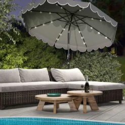 300 cm Sonnenschirm mit LED-Beleuchtung & Kurbel & Volant Gartenschirm Marktschirm Braun/Grau/Rot/Beige