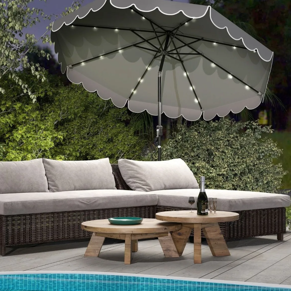 300 cm Sonnenschirm mit LED-Beleuchtung & Kurbel & Volant Gartenschirm Marktschirm Braun/Grau/Rot/Beige