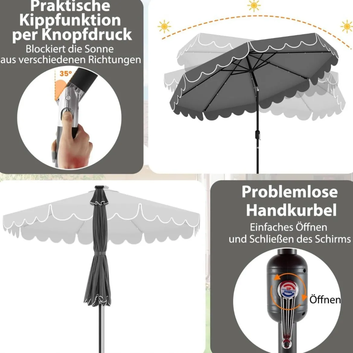300 cm Sonnenschirm mit LED-Beleuchtung & Kurbel & Volant Gartenschirm Marktschirm Braun/Grau/Rot/Beige