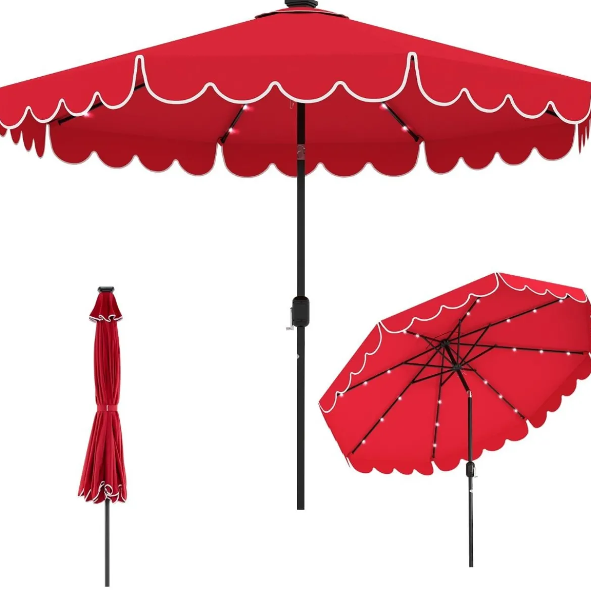 300 cm Sonnenschirm mit LED-Beleuchtung & Kurbel & Volant Gartenschirm Marktschirm Braun/Grau/Rot/Beige