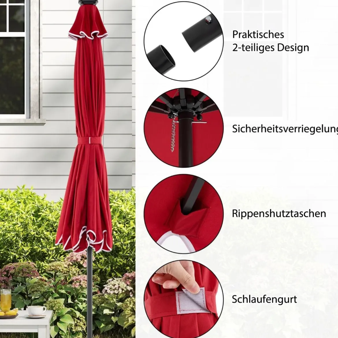 300 cm Sonnenschirm mit LED-Beleuchtung & Kurbel & Volant Gartenschirm Marktschirm Braun/Grau/Rot/Beige