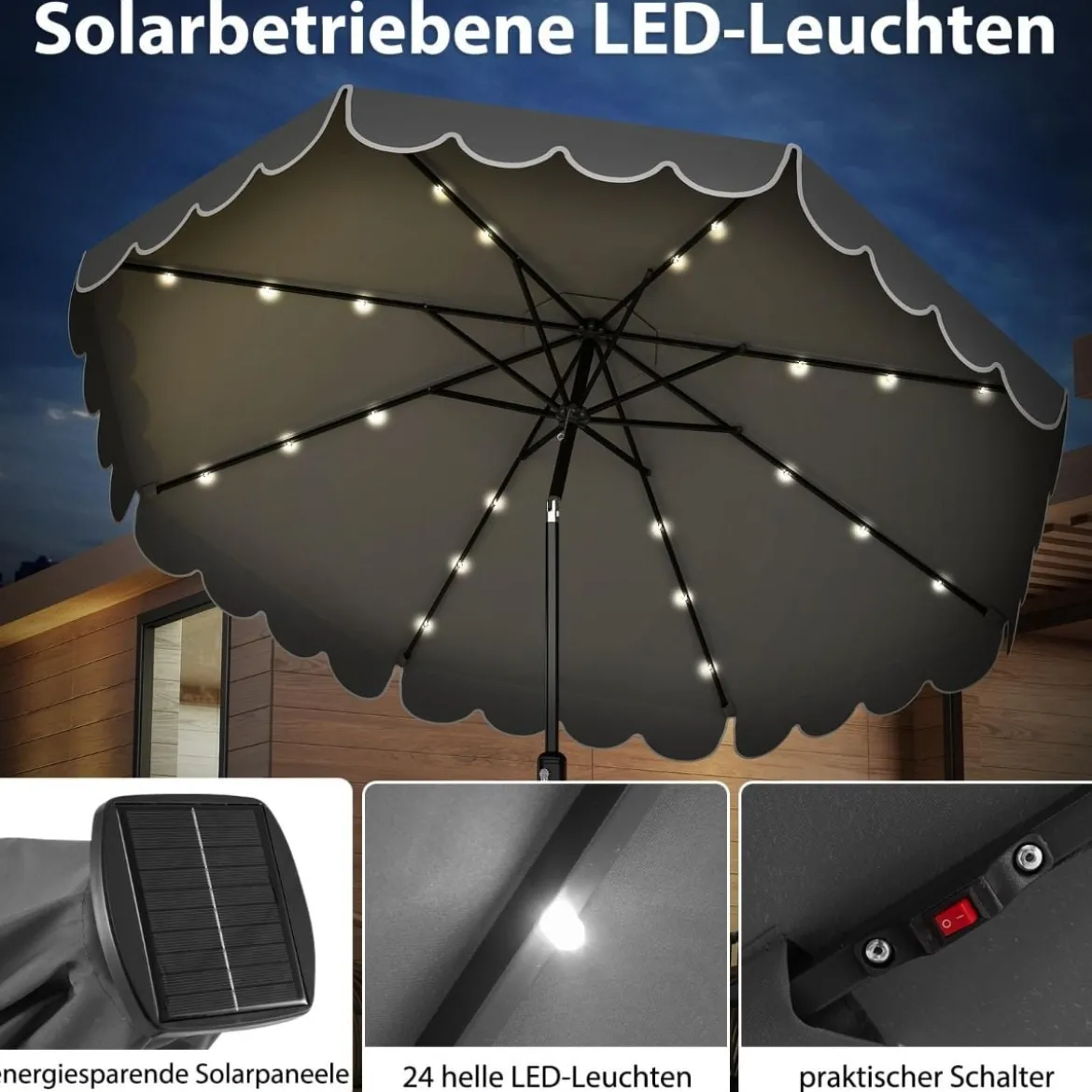 300 cm Sonnenschirm mit LED-Beleuchtung & Kurbel & Volant Gartenschirm Marktschirm Braun/Grau/Rot/Beige
