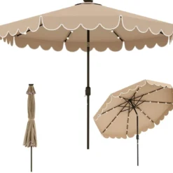 300 cm Sonnenschirm mit LED-Beleuchtung & Kurbel & Volant Gartenschirm Marktschirm Braun/Grau/Rot/Beige