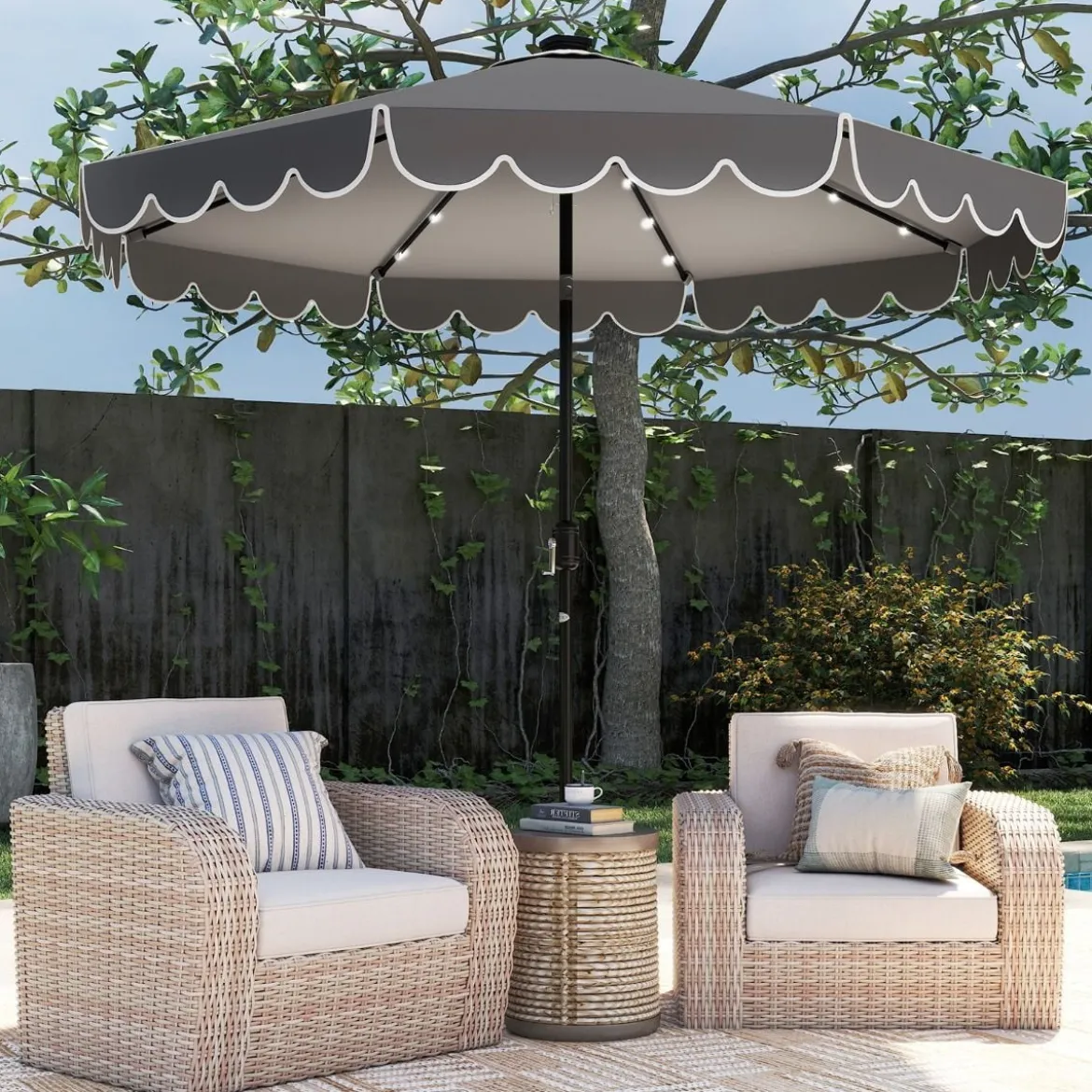 300 cm Sonnenschirm mit LED-Beleuchtung & Kurbel & Volant Gartenschirm Marktschirm Braun/Grau/Rot/Beige