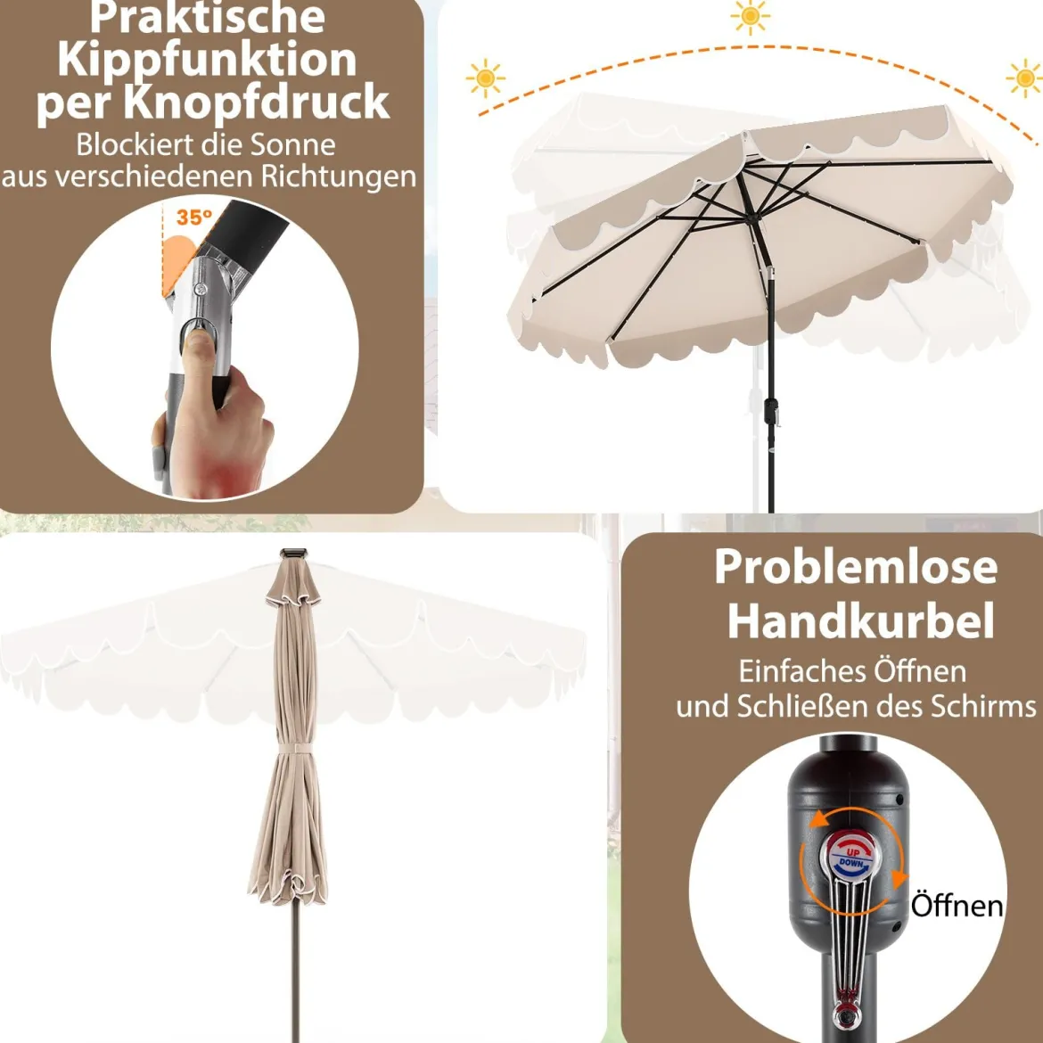 300 cm Sonnenschirm mit LED-Beleuchtung & Kurbel & Volant Gartenschirm Marktschirm Braun/Grau/Rot/Beige