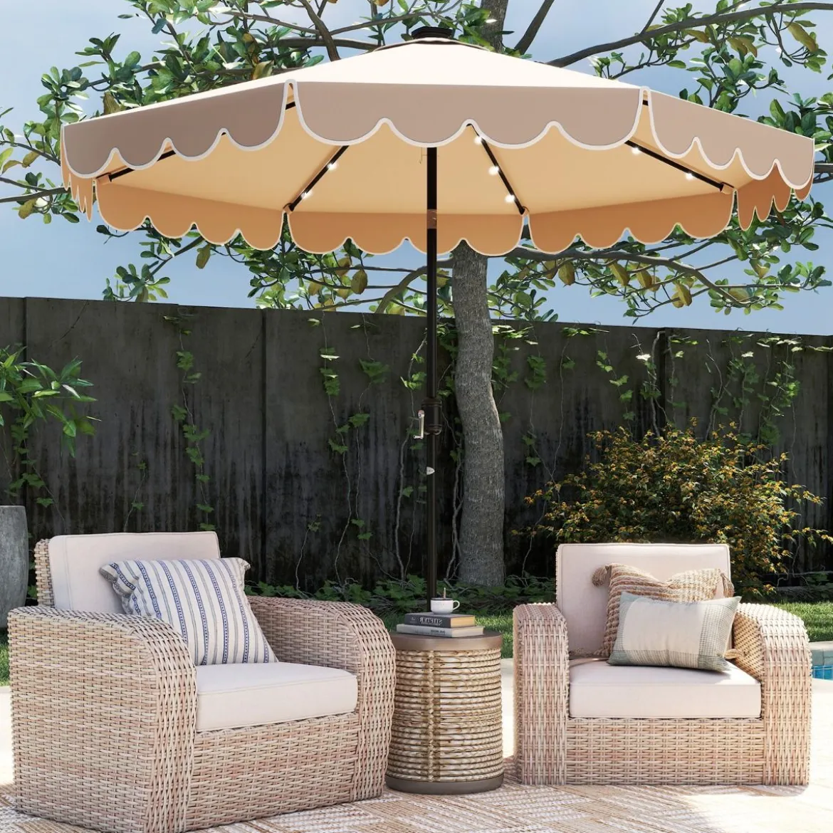 300 cm Sonnenschirm mit LED-Beleuchtung & Kurbel & Volant Gartenschirm Marktschirm Braun/Grau/Rot/Beige