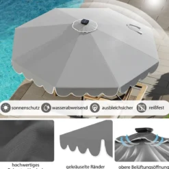 300 cm Sonnenschirm mit LED-Beleuchtung & Kurbel & Volant Gartenschirm Marktschirm Braun/Grau/Rot/Beige