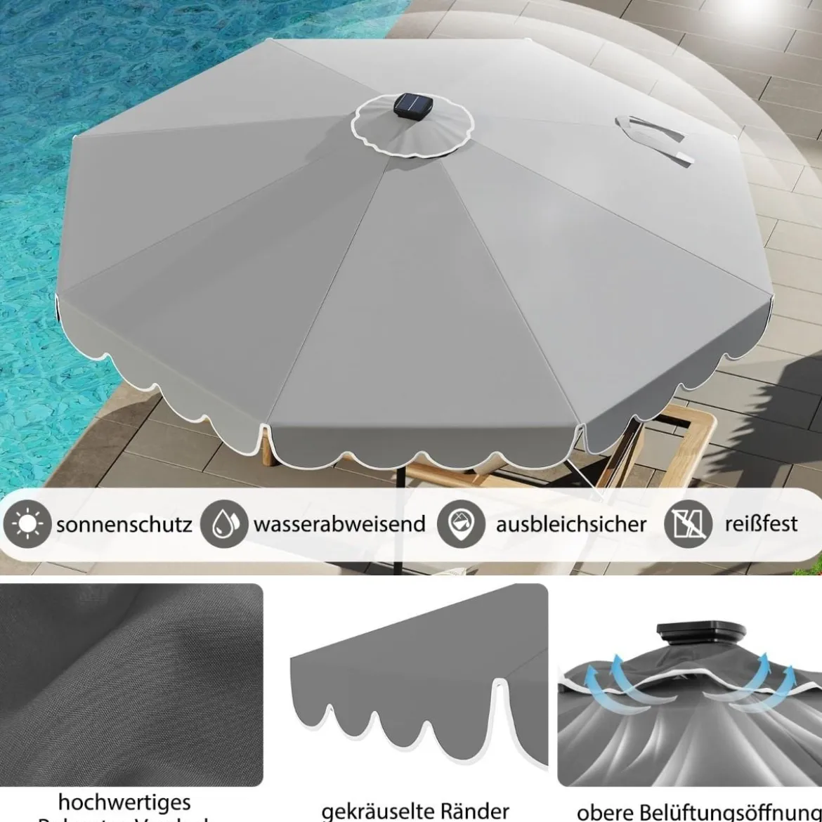 300 cm Sonnenschirm mit LED-Beleuchtung & Kurbel & Volant Gartenschirm Marktschirm Braun/Grau/Rot/Beige