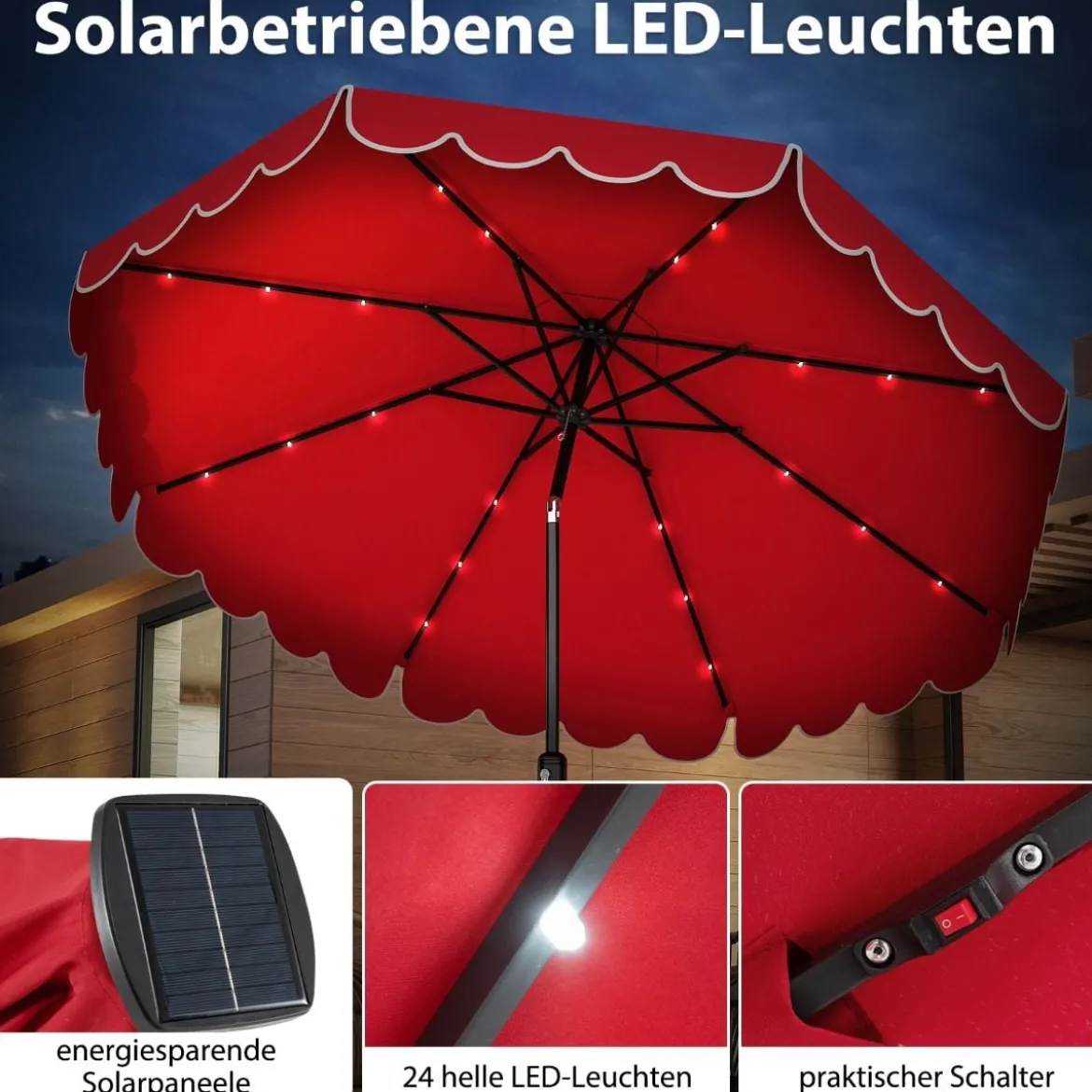 300 cm Sonnenschirm mit LED-Beleuchtung & Kurbel & Volant Gartenschirm Marktschirm Braun/Grau/Rot/Beige
