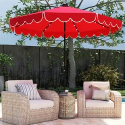 300 cm Sonnenschirm mit LED-Beleuchtung & Kurbel & Volant Gartenschirm Marktschirm Braun/Grau/Rot/Beige