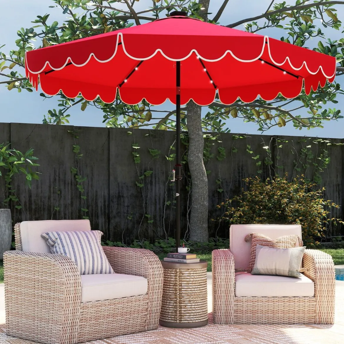 300 cm Sonnenschirm mit LED-Beleuchtung & Kurbel & Volant Gartenschirm Marktschirm Braun/Grau/Rot/Beige